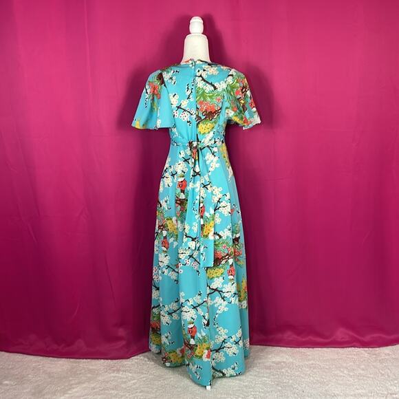 Vintage 70s Union flutter sleeve novelty print Japanese Geisha maxi dress, 10 - Picture 2 of 7